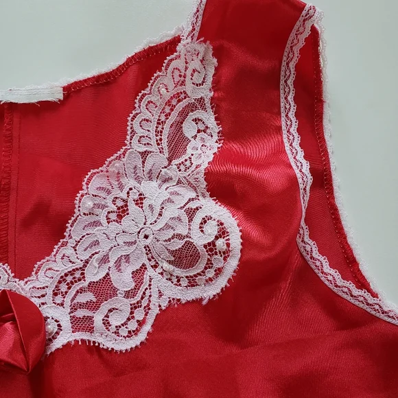 Vintage Red Satin Slip Dress Nightie Lace Rosette Beads Romantic Dark Coquette - Picture 9 of 12